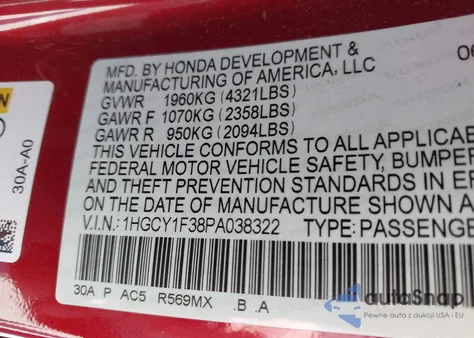 2023 Honda Accord Ex from USA, damaged, VIN 1HGCY1F38PA038322